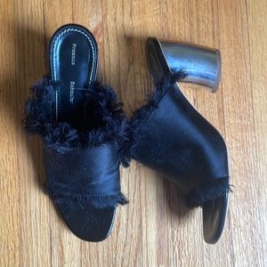Proenza Schouler Fringe Satin Mule Heels Black Metallic Heel Size 41 / 10